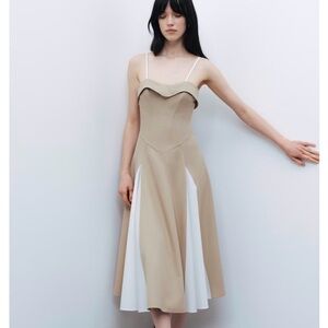 NOCTURNE Chic Beige and White Midi Corset Dress